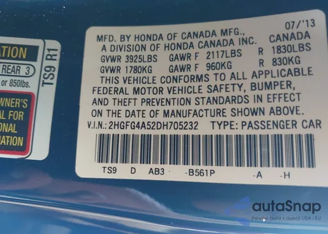 2013 Honda Civic Si из США, поврежденный, VIN 2HGFG4A52DH705232